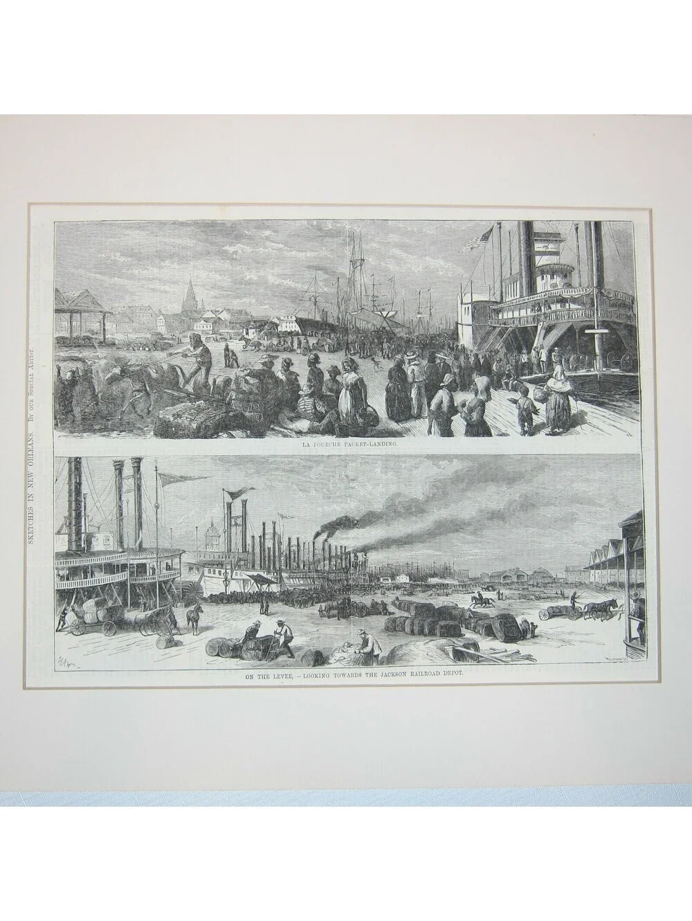 Antique 1871 Print Sketches New Orleans La Fourche Packet-Landing Railroad Depot